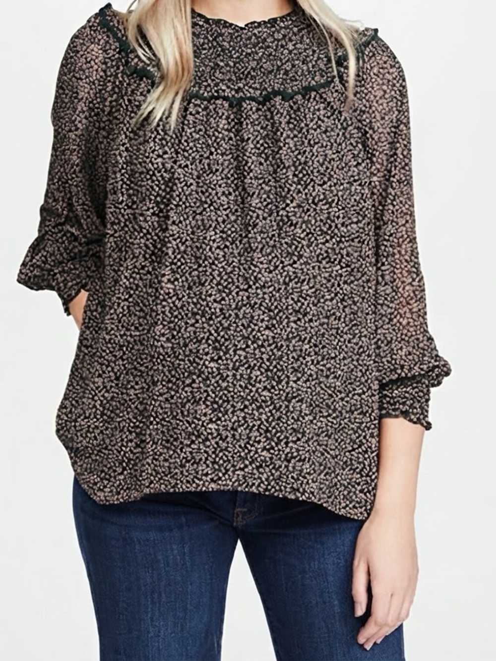 Hatch Sz XS Mika Smocked Peasant Brown Floral Cottagecore Maternity Blouse